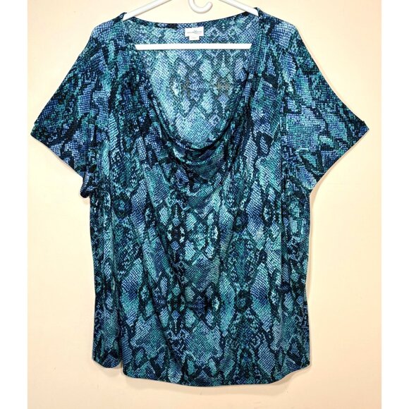 Jaclyn Smith Womens 3X Blue/Green/Black Snake Print Cowl Neck Short Sleeve Top - Picture 1 of 7